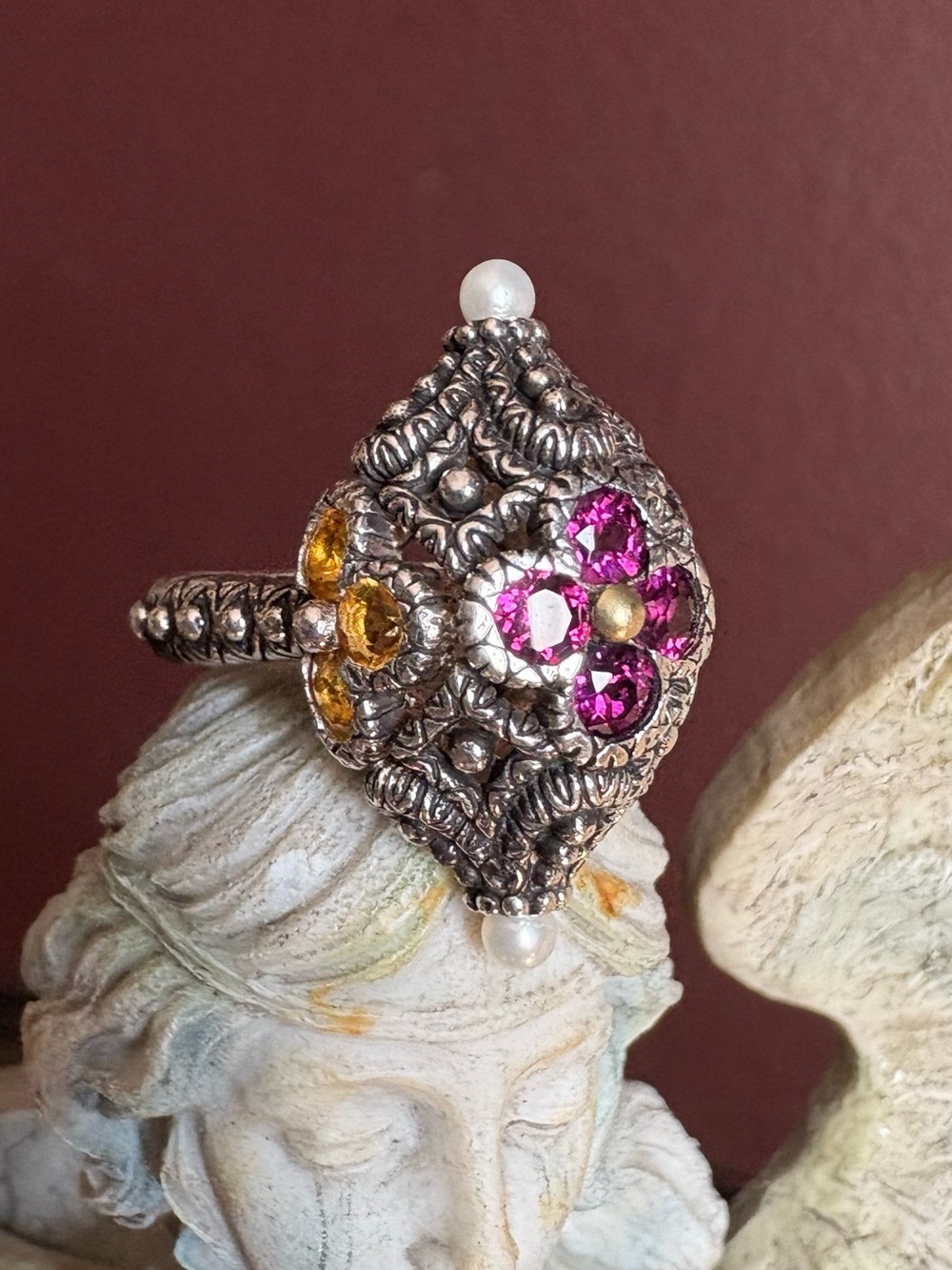 Flower Pod Sterling Silver 18k Gold Garnet Citrine Pearl Ring Barbara Bixby 6.75 - Picture 5 of 12